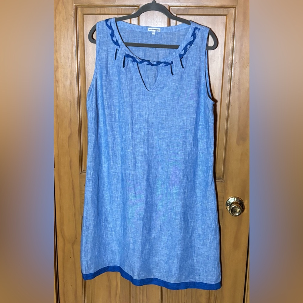 Mario Romano 100% Italian Linen Blue Shift Dress Sleeveless Collar Cut-out Sz XL